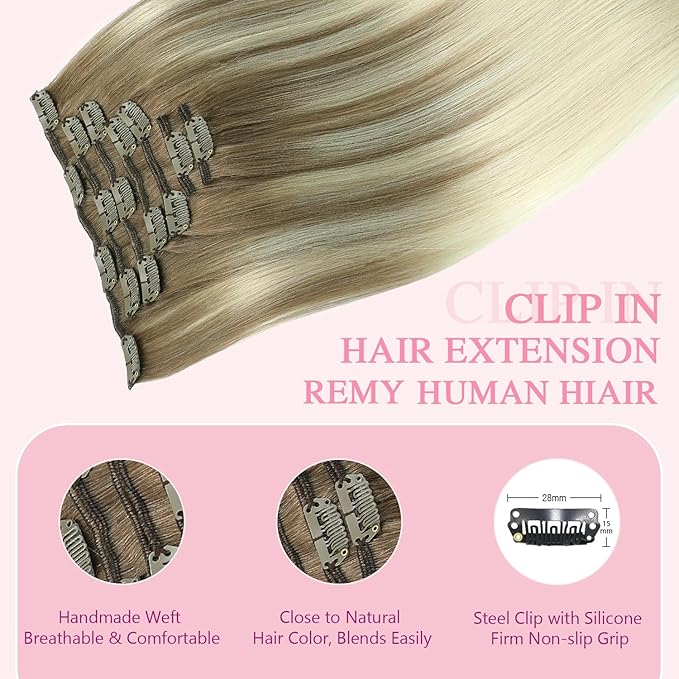 PINKPEARL Human Hair Clip in Hair Extensions 14inch #8T60 Ash Brown to Platinum Blonde Balayage Clip in Hair Extensions Real Human Hair 7pcs 120g Natural Remy Human Hair(#8T60-14)