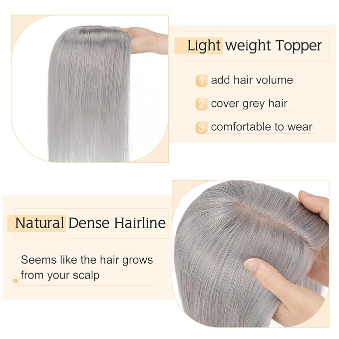 SEGO Grey Hair Toppers for Women Real Human Hair No Bangs, 7 * 13 CM Silk Base Clip In Topper Wiglet, Top Pieces Add Volume -12 Inch G1 Silver Grey