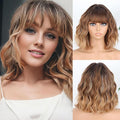 MISSQUEEN Brown Mixed Blonde Wavy Wig 12inch Bob Brown Blonde Wavy Wig with Bangs Natural Synthetic Wavy Curly Highlight Blond Wigs for Halloween Daily Party Festival Used