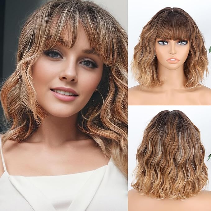 MISSQUEEN Brown Mixed Blonde Wavy Wig 12inch Bob Brown Blonde Wavy Wig with Bangs Natural Synthetic Wavy Curly Highlight Blond Wigs for Halloween Daily Party Festival Used