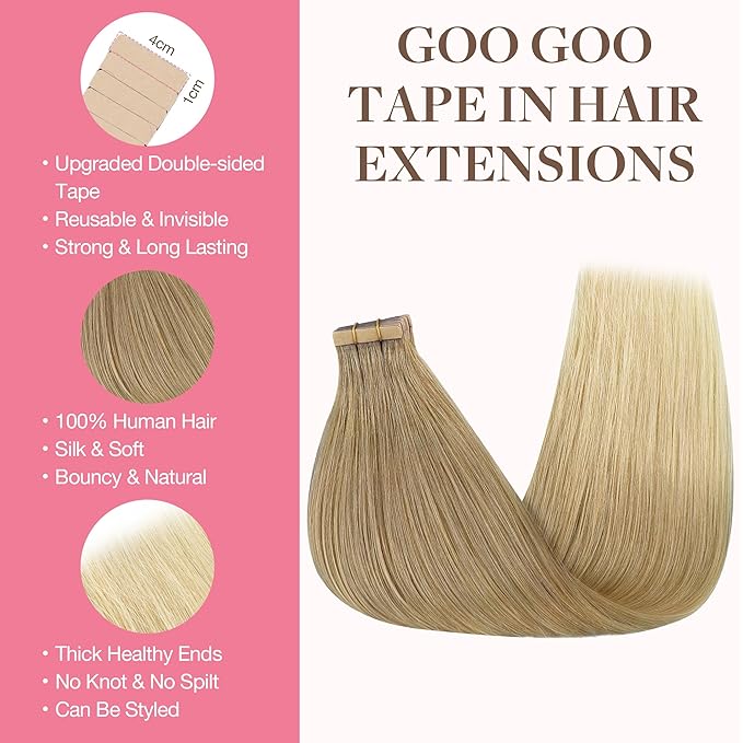GOO GOO Tape in Hair Extensions Human Hair, O18G/22G(L) Golden Beige Blonde with Ash Highlights, 22inch 50g 20pcs, Skin Weft Seamless Invisible, Silky Straight with Thick Ends, Remy Human Hair