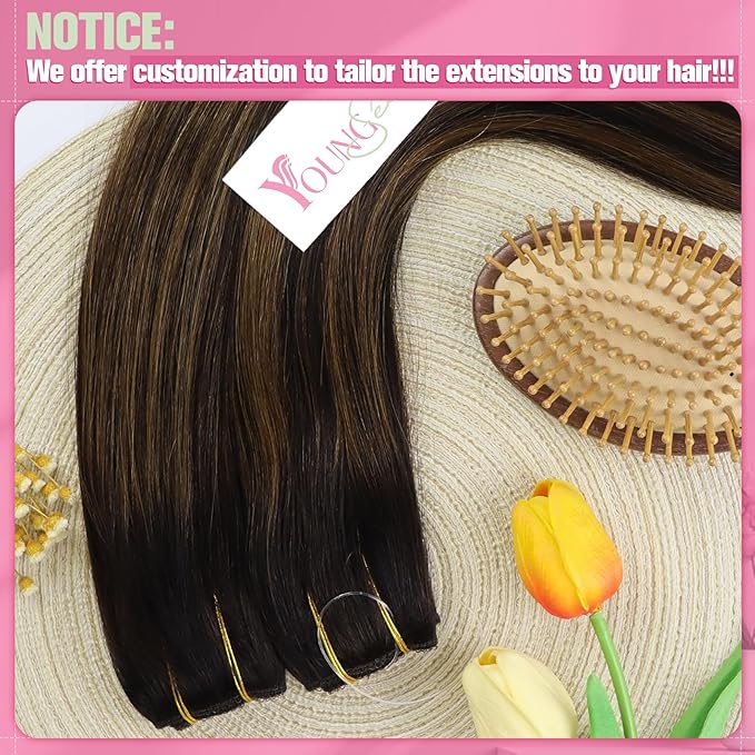 YoungSee Wire Hair Extensions Brown Balayage Invisible Wire Hair Extensions Real Human Hair Dark Brown Mix Medium Brown One Pice Hair Extensions Short Straight Hair 70G 12Inch