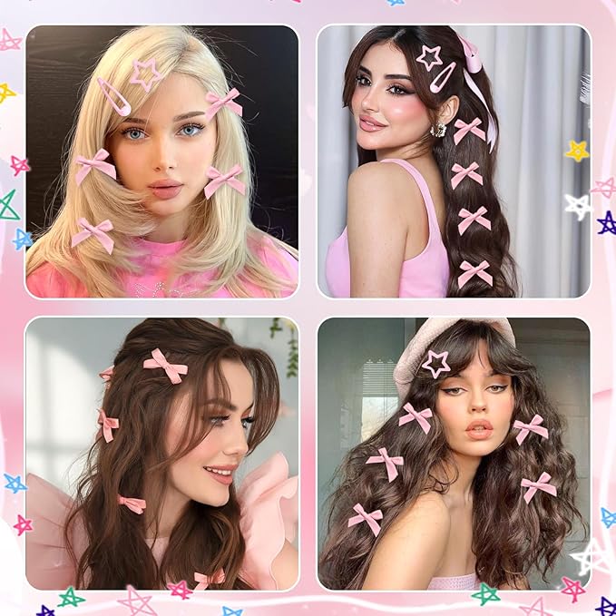 24Pcs Pink Mini Bow Hair Clips Y2K Star Snap Hair Barrettes Water Drop No Slip Hair Clips for Women Small Hair Bows Cute Bowknot Star Hair Pins Accessories for Girls