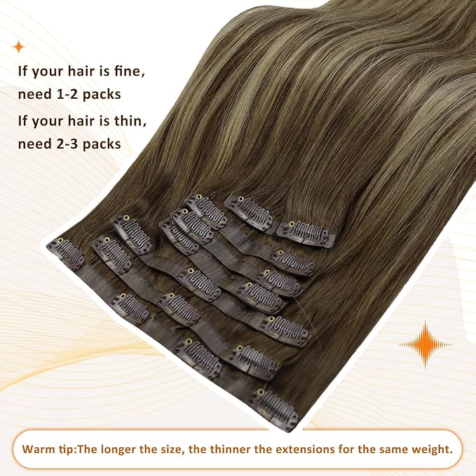 Full Shine Seamless Clip in Hair Extensions Balayage Brown Clip in Extensions Real Human Hair Medium Brown Ombre Honey Blonde Short Clip ins 14 Inch 120 G 8 PCS