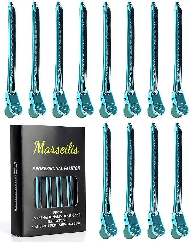 Alligator Clips for Hair Styling 12 pcs Anti-Slip No-Trace Duck Billed Hair Clips Rustproof Metal Alligator Curl Clips for Hair Styling for Salon & Makeup, blue.