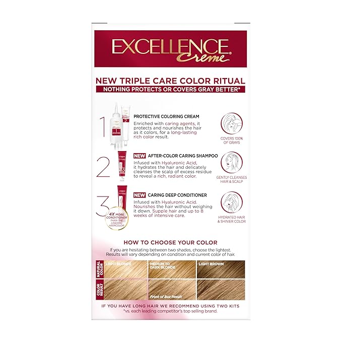 L'Oreal Paris Excellence Crème Permanent Hair Dye, Triple Care Hair Color with Pro-Keratine Complex for 100% Gray Hair Coverage, 8 Medium Blonde, 1 Kit