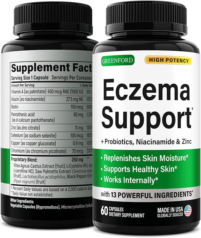 Greenford Eczema Treatment & Support for Natural Relief - Made in USA - Skin Vitamins & Herbals for Eczema, Acne, Psoriasis, Rosacea Treatment with Zinc, Niacinamide & Probiotics - 60 caps