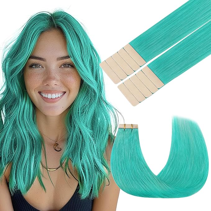 GOO GOO Tape in Hair Extensions Human Hair, Teal Green, 10inch 20g 10pcs, Colored Tape ins Human Hair Extensions, Silky&Soft Invisible Tape Ins, Hair Highlighted for Party