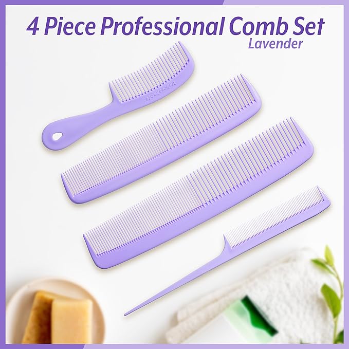 Mars Wellness 4 Piece Professional Comb Set Lavender - USA MADE - Fine Pro Tail, Dresser Hair Comb Styling Comb - Premium Grade for Men and Women - Parting Teasing and Styling - Lavender