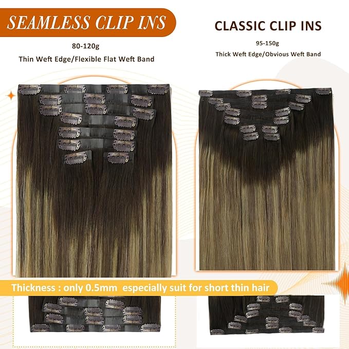 Full Shine Seamless Hair Extensions Clip in 20 Inch Clip in Extensions Ombre Dark Brown to Light Brown with Honey Blonde Thick Ends Human Hair Softness 8 PCS 120 G