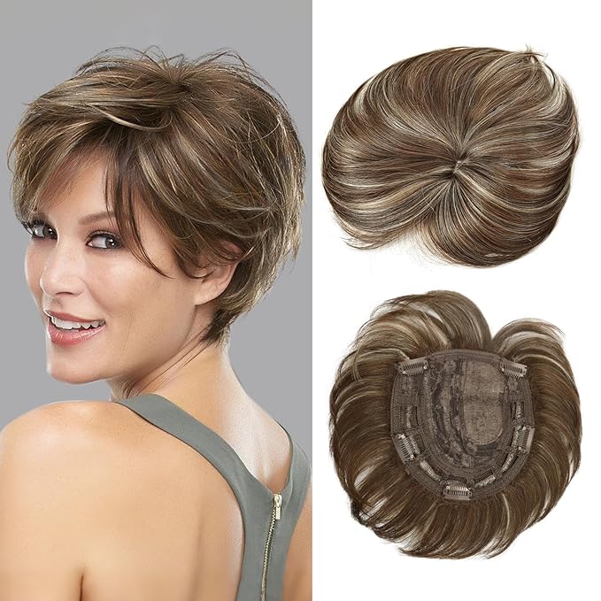 QUEENTAS Short Hair Toppers for Women with Thinning Hair Large Full Coverage with 5 Clips Hair Pieces Wispy Bangs(Brown Highlight Blonde)