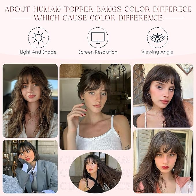 Human Hair Topper with Bangs for Women, 360° Cover Clip in Fringe Bangs Hair Toppers Hair Piece Medium Brown-3.15x4.33 Hand-tied Base (Medium Brown)