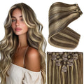 Ve Sunny Clip in Hair Extensions Real Human Hair Highlights Human Hair Clip in Extesnions Dark Brown Highlight Blonde Hair Extensions for Women Clip in 22Inch 7pcs 120g