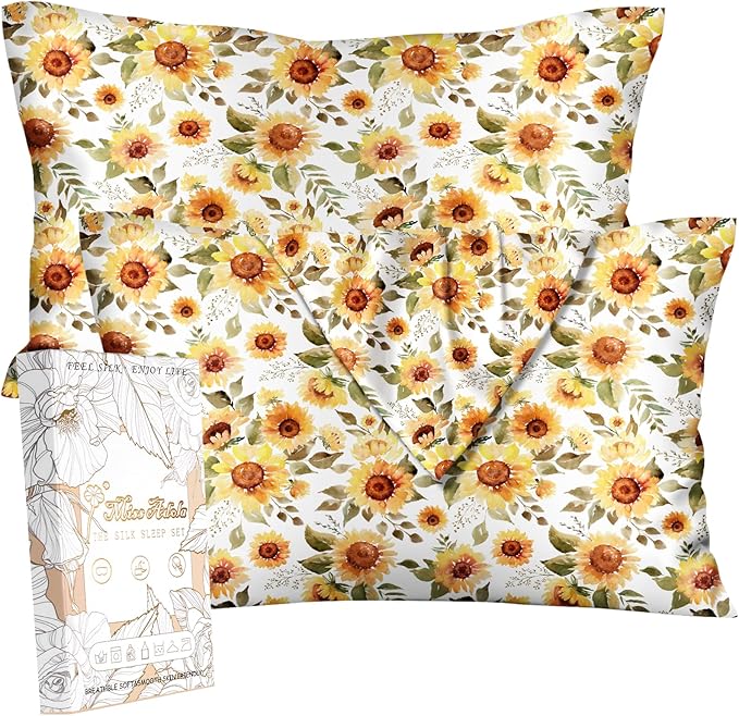 2 Pack Mulberry Silk Pillowcase for Hair and Skin - Standard Size 20 x 26 Inches with Hidden Zipper Sunflower 19 Momme Soft Sleeping Silk Pillow Case for Women, Moms