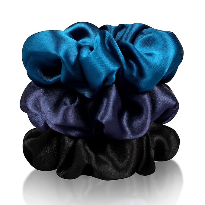Zenssia Silk Scrunchies for Hair, Mulberry Silk Hair Ties for Women and Girls, No Damage Elastic Ponytail Holders（Black, Navy, Royal Blue）