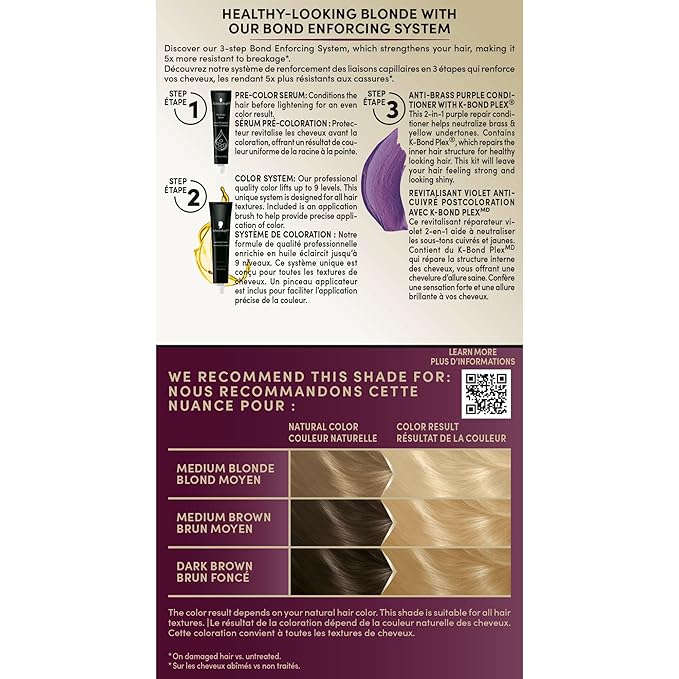 Schwarzkopf Keratin Blonde Hair Dye, 001 High Lift Platinum Blonde, Professional Quality Permanent Hair Color, Bond Enforcing System, Pre-Color Serum & Purple Conditioner Included