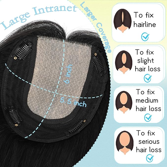 Hair Toppers for Women Real Human Hair, 360° 3D Toppers Pieces for Women with Thinning Crown Side Bangs 14 Inch Upgrade Big Basement (Black, 14 Inch Side Bangs)