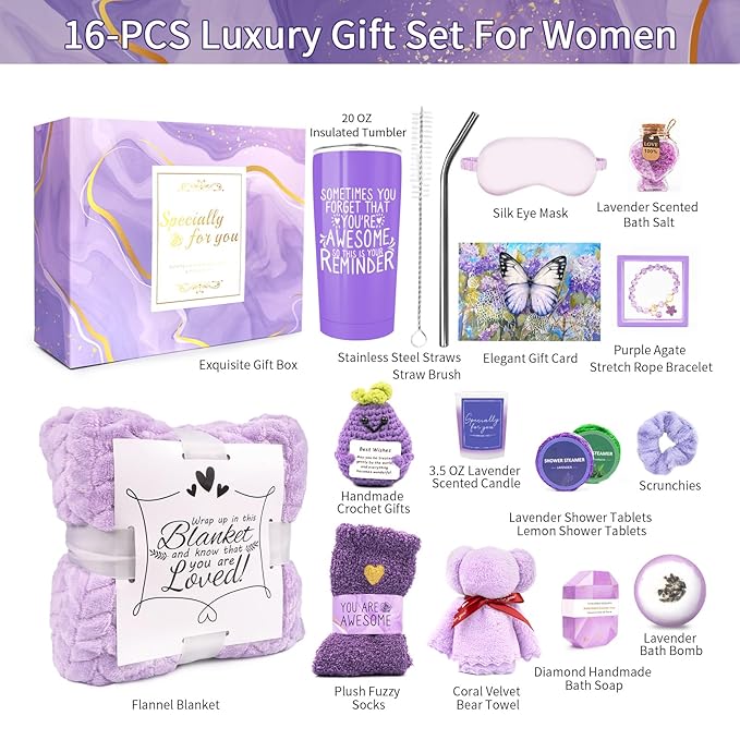 Spa Gifts for Women, Lavender 16 Pcs Self Care Gifts for Women, Birthday Christmas Gift Basket for Mom Wife Girlfriend Her Sister, Thank You, Get Well, Sympathy Inspirational Care Package Spa Basket