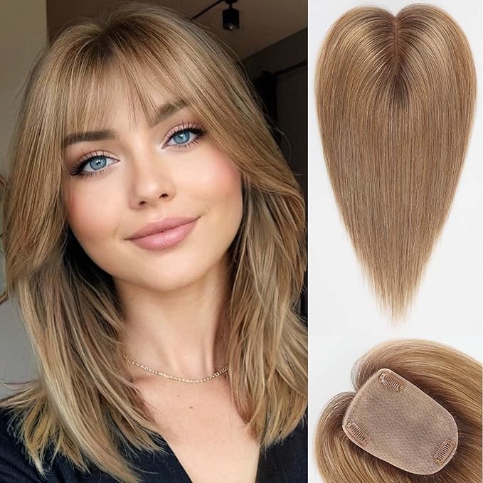 starluck Human Hair Toppers for Women Real Human Hair With Bangs 4 * 5.5 inch Base 12 inch SilkHug Topper for Women with Thinning Hair Cover Grey Roots(Ombre Light Brown)