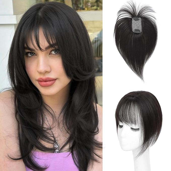 Hair Toppers for Women Real Human Hair - 360° Coverage Black Clip In Topper with Bangs for Thinning Hair Upgraded 5×9 cm Silk Base Ideal for Everyday Use