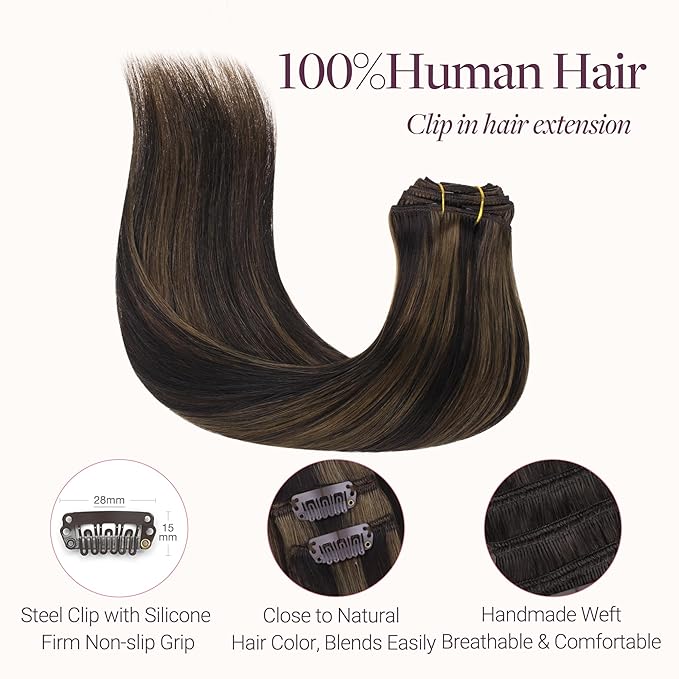 GOO GOO Clip in Hair Extensions Real Human Hair, Remy Human Hair Extensions Clip ins for Women, Natural Human Hair, 20inch 160g 7 Pcs, #2/6 Dark Brown Highlighted Chestnut Brown