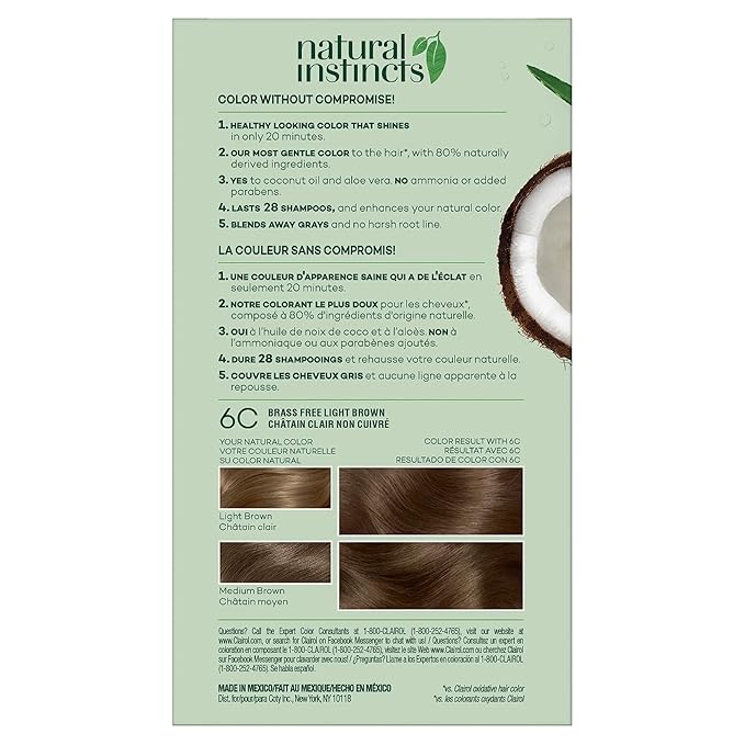 Clairol Natural Instincts Demi-Permanent Hair Dye, 6C Light Brown Hair Color, Pack of 2