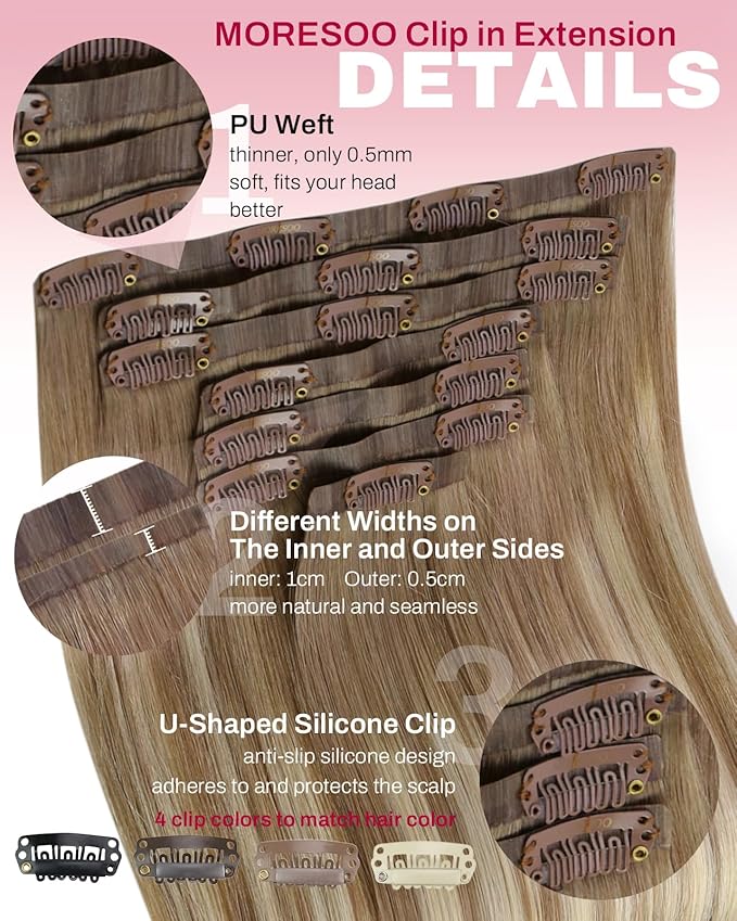 Moresoo Seamless Clip in Human Hair Extensions Light Brown to Medium Blonde Balayage Clip in Brown Blonde Hair Extensions for Women Remy Human Hair Clip ins Invisible 120g/7pcs 20 inch
