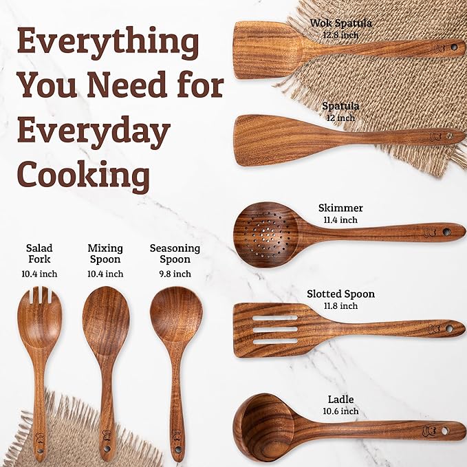 PriorityChef Premium Wooden Spoons for Cooking - 8pc Smooth Finish Teak Utensil Set with Hanging Hooks, Heat-Resistant & Nonstick Safe, Ideal for Gifting