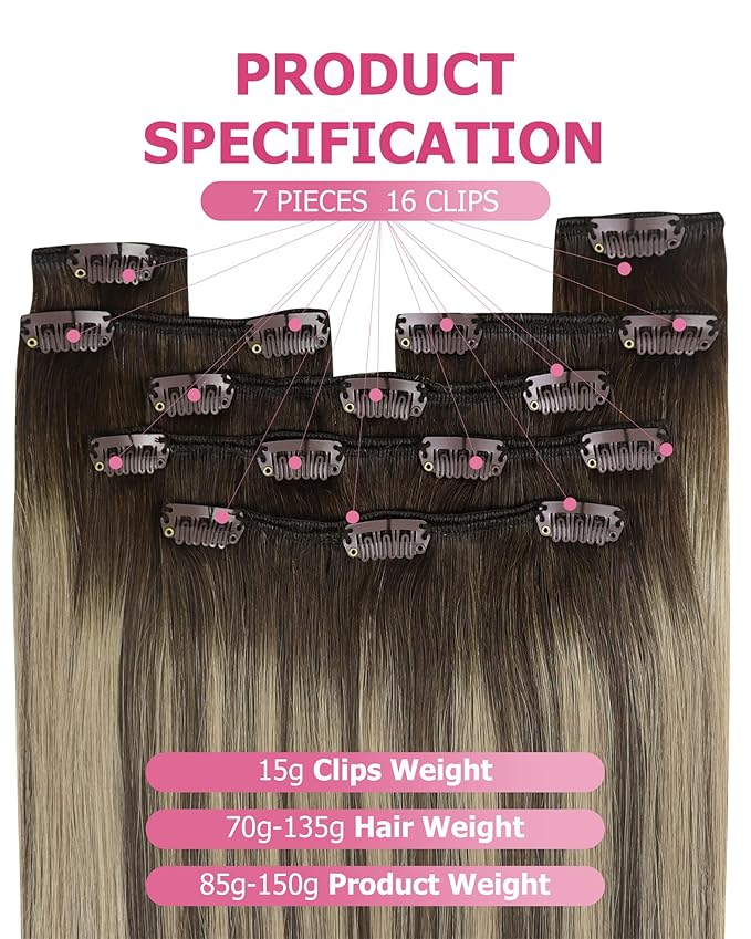 YoungSee 150G Clip in Hair Extensions Real Human Hair Brown Balayage Clip in Human Hair Extensions Chocolate Brown with Ash Blonde Balayage Clip ins Real Hair Extension Easy to Install 22inch 7pcs