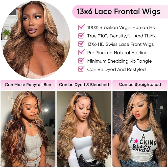 30 Inch Highlight Ombre 13x6 Lace Front Wig Human Hair 210 Density Body Wave Honey Blonde Glueless HD Transparent Lace Frontal Wigs for Women 4/27 Colored