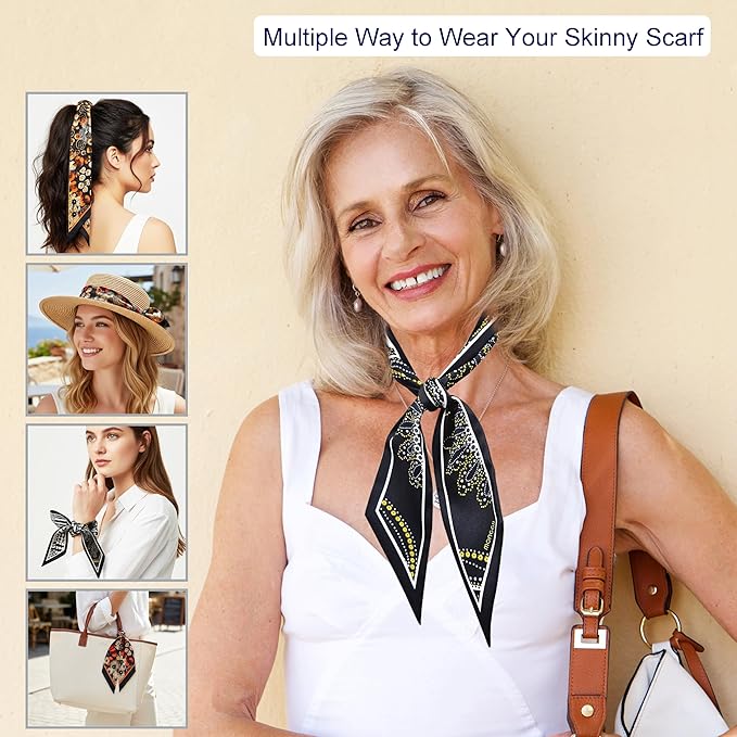 Skinny Scarf 3 Pack for Women – Bag Scarf, Silk Hair Scarves (Original Prints, Premium Twill, 3 Designs)