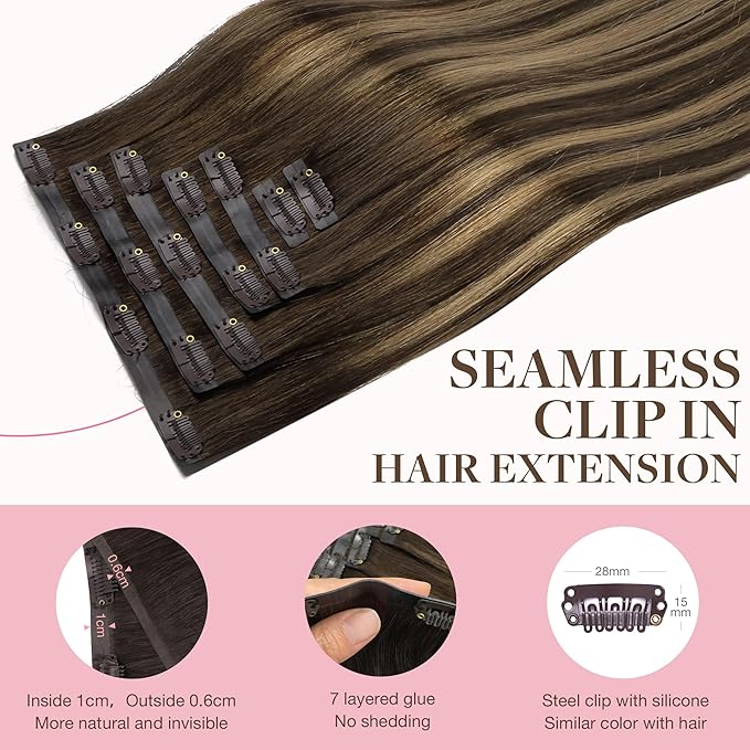 GOO GOO Clip in Hair Extensions Real Human Hair, Remy Human Hair Extensions Clip ins for Women, Natural Human Hair, 22 Inch 140g 7Pcs, 4/27/4 Balayage Chocolate Brown to Caramel Blonde