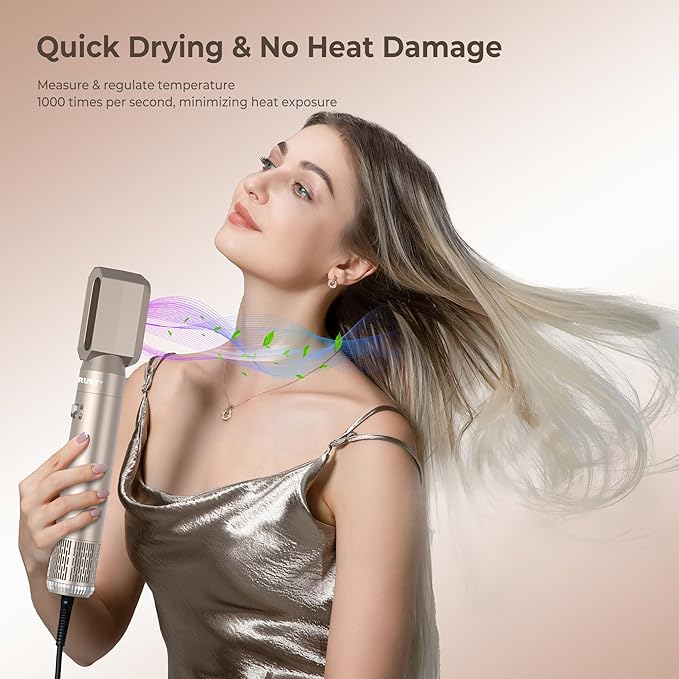 6 in 1 Hair Dryer Brush 60000RPM Blow Dryer Brush Upgrade Multi Hair Styling Tools Powerful Blow Out Auto Wrap Curlers Hot Air Brush Curling Wand Straightener Volumizer (Champagne Silver)