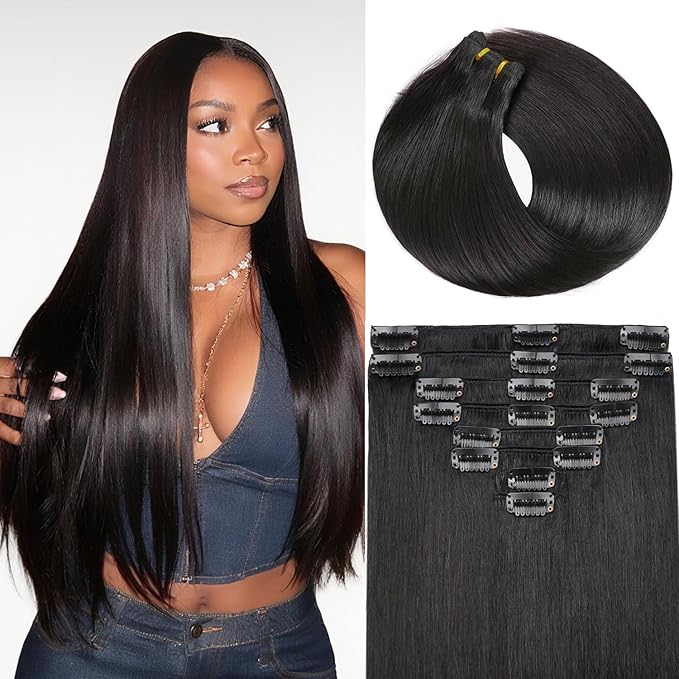 Clip in Hair Extensions Real Human Hair, 22 Inch 110g, 1B Natural Black, Invisible Seamless Straight Remy Human Hair Extensions Cip ins for Women 8pcs Per Set with Double Weft