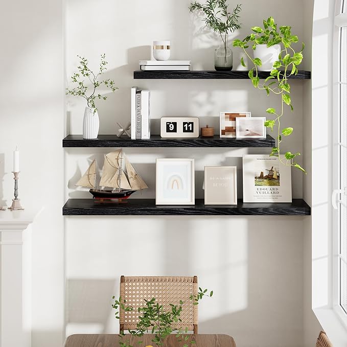 Fun Memories Floating Shelves 55 Inch Set of 2, Black 55 x 9 Wall Shelves for Home Decor Storage, Rustic Wood Floating Shelf for Wall, 9 Inch Deep Shelving for Bathroom, Living Room, Kitchen