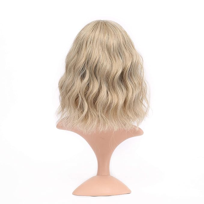FAELBATY Blond Wig Short Bob Wigs With Air Bangs Shoulder Length Women's Wig Curly Wavy Synthetic Cosplay Wig for Girl Costume Wigs Mix Khaki Blonde Gold Color
