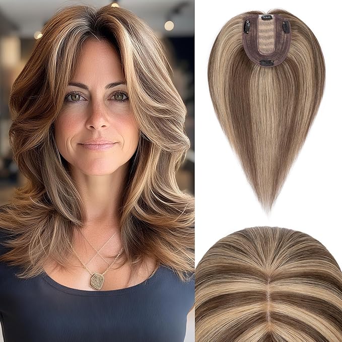 Rich Choices Hair Toppers for Women Real Human Hair 100% Human Remy Toppers NO Bangs with Thinning on Top Clip in Hairpiece 4"x4.7"Lace Base 18 Inch #4P27 Medium Brown Highlights Dark Blonde