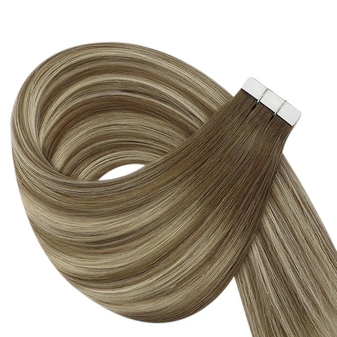 YoungSee Invisible Tape in Extensions Human Hair Brown Balayage Tape in Hair Extensions Ombre Light Brown to Blonde Tape-on Hair Extension 22Inch Natural Hair Extension for Wedding 20pcs 50g
