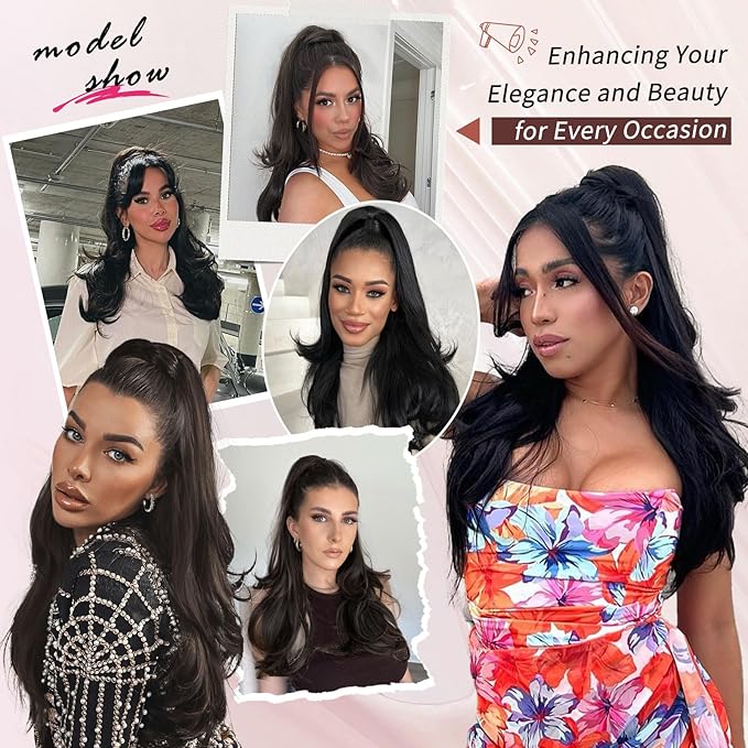 Ponytail Extension, Black Drawstring Ponytail Extension for Women Long Wavy Pony Tails Hair Extensions Synthetic Wavy Clip in Ponytail Hairpiece for Women, 20 Inch