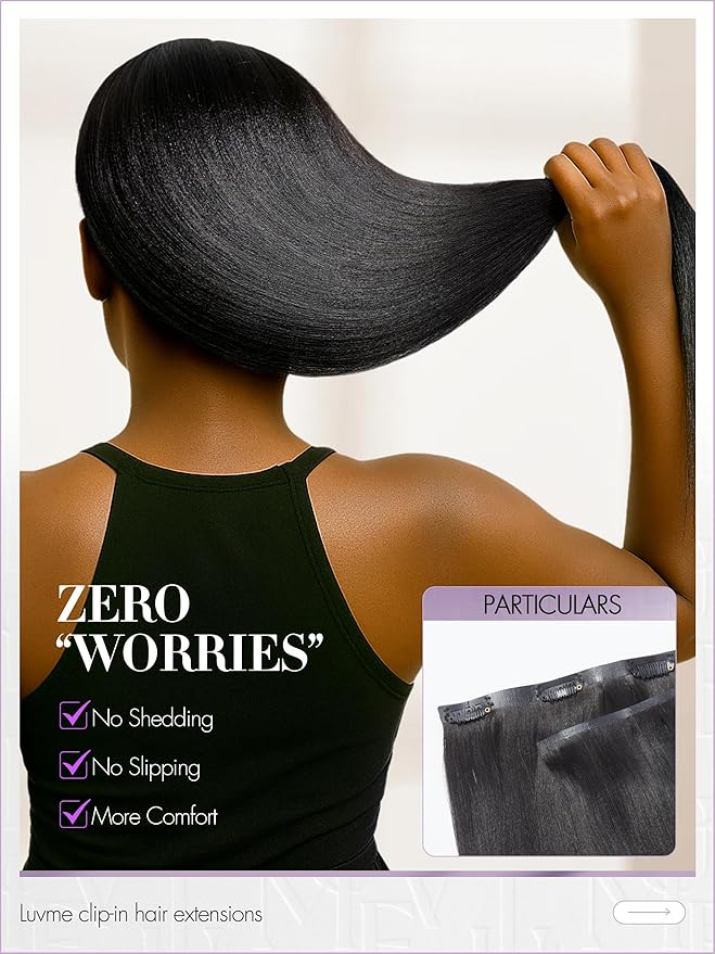 LUVME Yaki Straight Seamless 70g 4Pcs Clip in Hair Extensions Full Max with 18inch Remy Human Hair Clip ins Extensions, Natural Black 100% Real Soft Hair