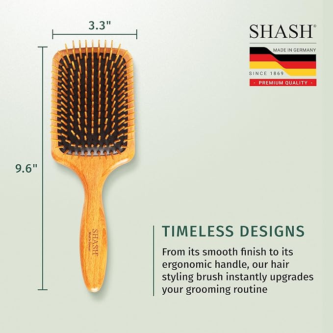 SHASH Since 1869 Made in Germany Wooden Paddle Brush - Gently Detangles, Styles, Conditions Hair with Minimal Frizz and Breakage - Safe for All Hair Types, Wet or Dry - Eco-Sourced Wood