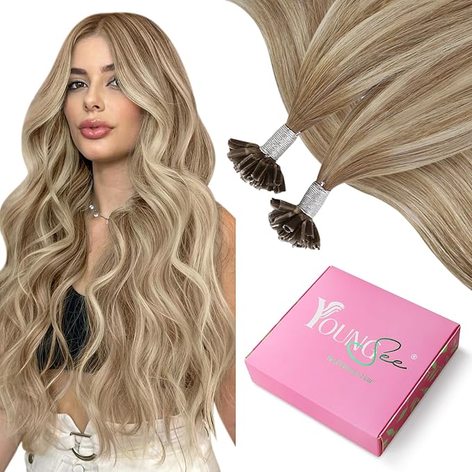 YoungSee Utip Hair Extensions Human Hair Balayage Light Brown Ombre Platinum Blonde U Tip Keratin Hair Extensions for Natural Looking Ktips Extension Real Human Hair Ombre Silky Straight 16In 1G/S 50G