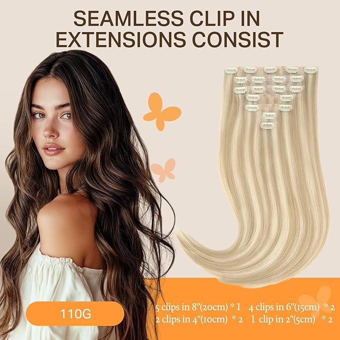 DOORES Seamless Clip in Hair Extensions - Dark Blonde Highlighted Bleach Blonde, 120g, 24 Inch, 7pcs - Invisi Edge Human Hair, Straight