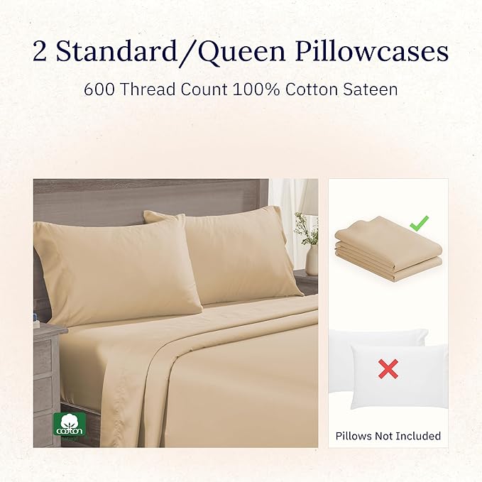 California Design Den Luxuriously Soft Premium 600 Thread Count, 100% Cotton Set of 2 Cases, Crisp Standard Pillow Covers, Fits Standard & Queen Pillows (Golden Tan)