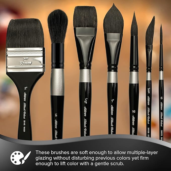 Silver Brush Limited WC-3206S Black Velvet Round Watercolor Brushes, Set of 3 Brushes, Golden Natural Round Size 8, Black Velvet Oval Wash and Dagger Striper Size 3/8 and Size 1/4