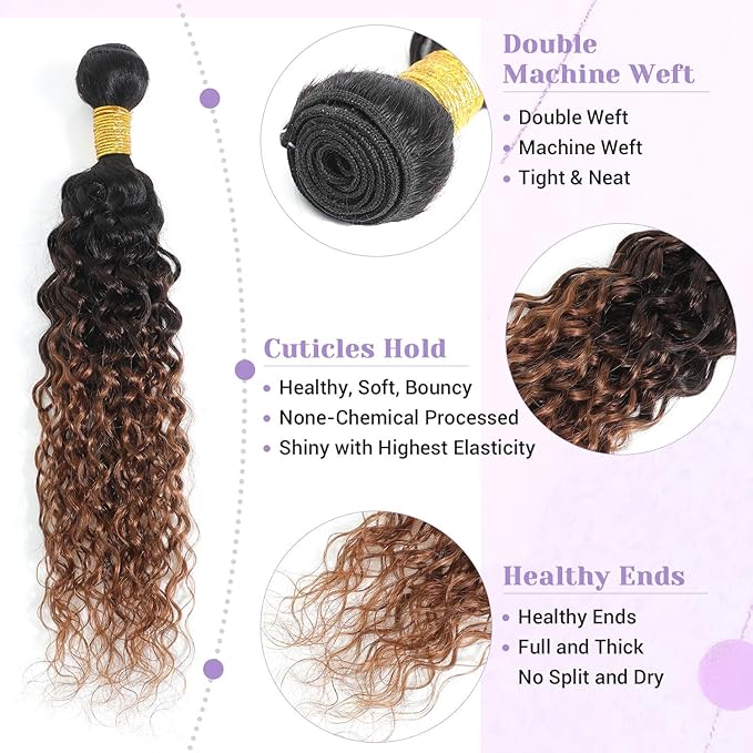 Water Wave Ombre Bundles Human Hair T1B/2/30 Chestnut Brown Ombre Color 2 Bundles of 14 Inch 100% Real Human Hair Unprocessed Raw Material For Quicky Weave