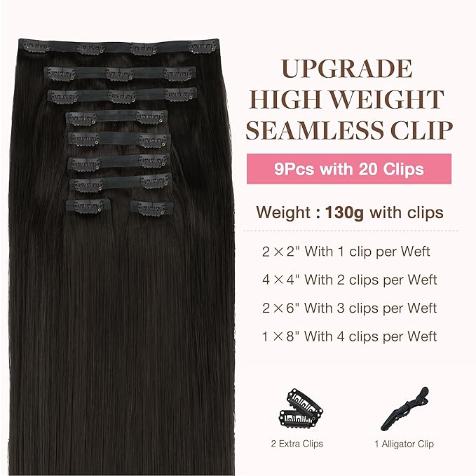 GOO GOO Clip in Hair Extensions Real Human Hair, Remy Human Hair Extensions Clip ins for Women, Natural Human Hair, 24inch 220g 9Pcs, #2 Dark Brown