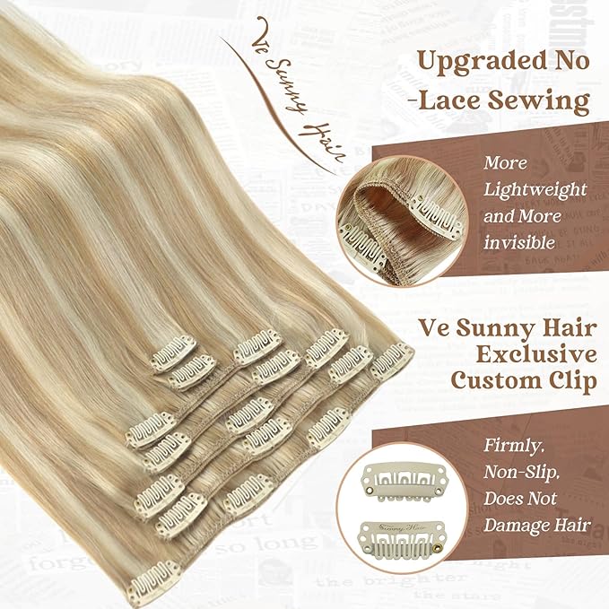 Ve Sunny Blonde Clip in Hair Extensions Human Hair Clip in Extensions Highlight Caramel Blonde with Platinum Blonde Real Hair Extensions Clip in Human Hair Any Occasion 120g 24 Inch