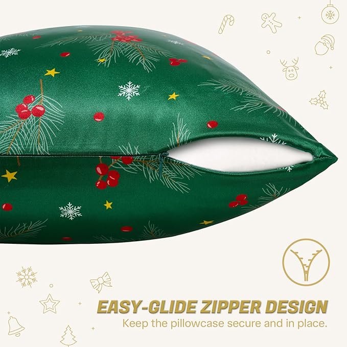 THXSILK Christmas Style 6A+ Grade Mulberry Silk Pillowcase for Hair and Skin, 22 Momme 100% Pure Silk Pillow Case with Hidden Zipper, Christmas Holly Printed Pillow Cover(Queen Size 20"x30",Green)