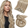 Moresoo Clip in Hair Extensions Brown with Blonde Highlights Clip ins Human Hair Golden Brown with Platinum Blonde Long And Straight Double Weft 80g/5pcs 22 inch